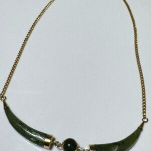 VTG Double HORN GREEN NEPHRITE  JADE COLLAR BAR PENDANT GOLD PLATED